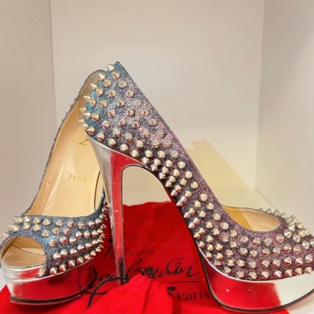 Christian Louboutin Silver Spike Lady Peep-Toe Platform Pumps ✨ Gently used